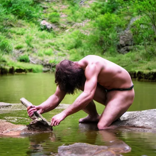 Prompt: a caveman kneeling down at a river, an looking at his own reflection cinematic 3 5 mm 8 k realistic