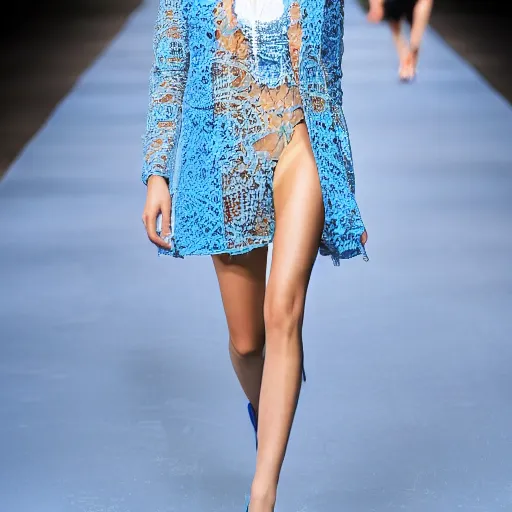 Image similar to fashion 2 0 5 0 fantastic openwork long coat with intricate pattern on a beautiful symmetrical girl with blue hair, hyper realistic photos