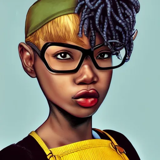 Image similar to a nerdy 17 year old black girl, comic book style, artgerm, wearing overalls, super hero, highly detailed, concerned