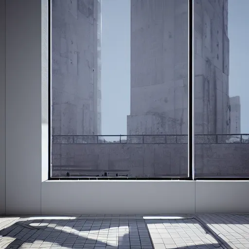 Image similar to brutalist exterior design contemporary big windows, showing city landscape on background, minimalist architecture,, octane render, high quality, 8 k, post production