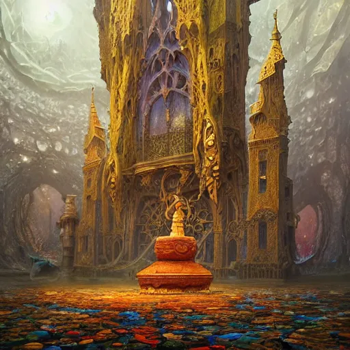 Image similar to Awe-inspiring, dreamlike, interpretation of the Philosopher\'s Stone, gorgeous, colorful, , insanely detailed and intricate, 3D oil painting, mystical and dreamlike, volumetric lightrays, ornate, mysterious engravings, magical atmosphere, hyperrealistic, award-winning collaboration by Marc Simonetti and Andreas Rocha,