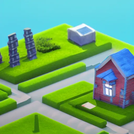 Image similar to cute chubby house, mobile game 3 d render, minimalistic, octane, 1 0 0 mm, depth of field, isometric, blue background