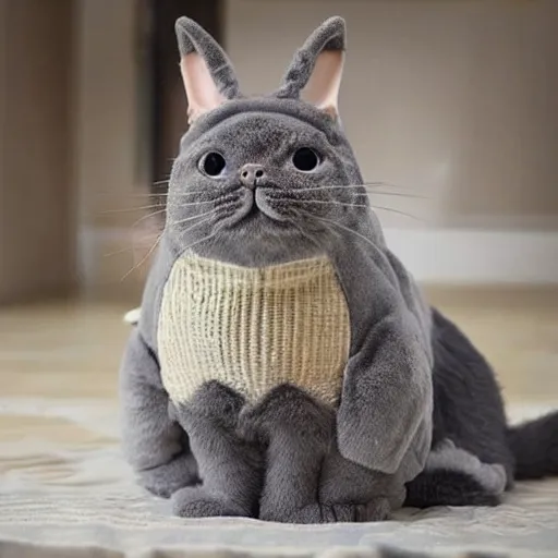 Image similar to a cat wear a totoro costume