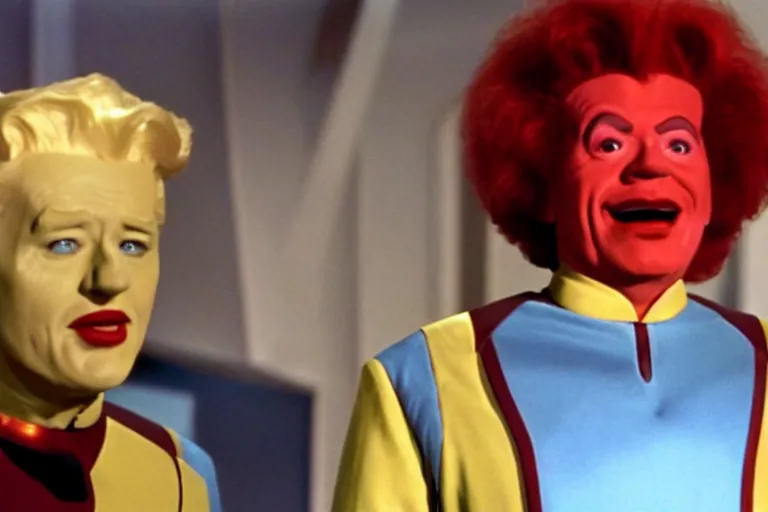 Image similar to A film still of Ronald McDonald in a Star Trek: The Next Generation, sitting in Ten Forward, dramatic lighting