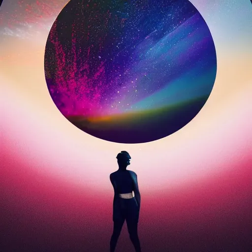 Image similar to A picture of a planet of various colors and plants, in which the human figure is dressed in something magical and impressive, inside the picture is infinity, sunset light, Atmospheric phenomenon, artistic photography, muted colors, conceptual