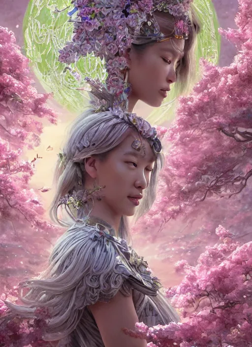 Image similar to portrait of Lalisa Manobal as a Celestial Goddess of a futuristic princess, inside future fighter, sci-fi, fantasy, intricate, lush garden spaceship with sakura season flowers, elegant, human anatomy, royal green and nature light, highly detailed, digital painting, artstation, concept art, smooth, sharp focus, illustration, art by tian zi and WLOP and alphonse mucha, masterpiece, 3d blender