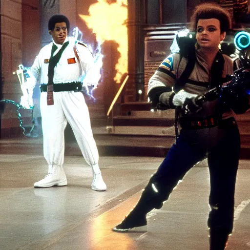 Image similar to stunning awe inspiring michael jackson as a ghostbuster in the movie ghostbusters, movie still 8 k hdr atmospheric lighting