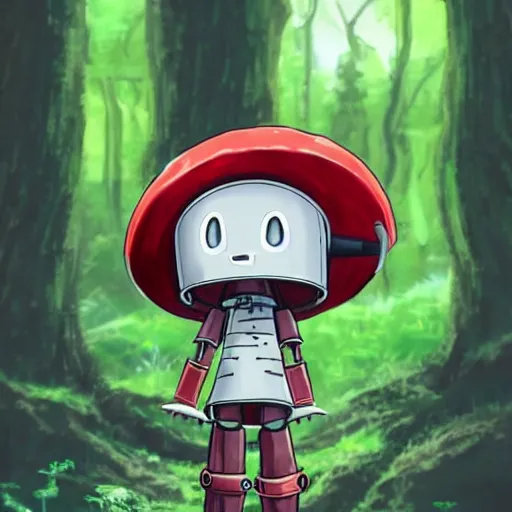 Image similar to cute little robot with tomato hat and a shive sword, made in abyss style, standing on a forest