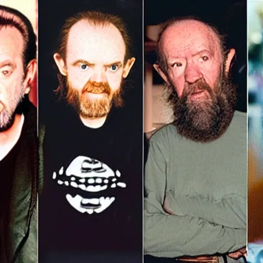 Image similar to alan watts, george carlin, bill hicks, and bill burr in the same room