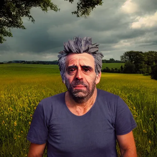 Prompt: realistic portrait of rick sanchez, face to camera walking in a field. france, dordogne, hills, ultra high, face to camera, detail, 8 k, sunset, flowers, trees, river, hills octane render.