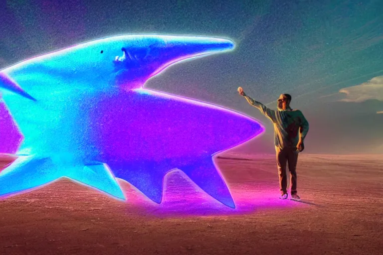 Image similar to a holographic projection of a huge colorful lucid shark made of light beams appears in the desert at night, a man is stunned, by beeple, highly - detailed, fantasy