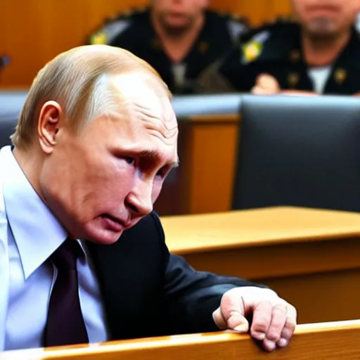 Image similar to Putin arrested in courtroom, 4k ultra realistic, hyper realistic, ultra detailed, real photo,