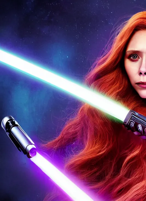 Image similar to elizabeth olsen portraying a beautiful mara jade from star wars legends, in a black suit holding a purple lightsaber, movie, hyper realistic, hollywood promotional image, imax, 8 k