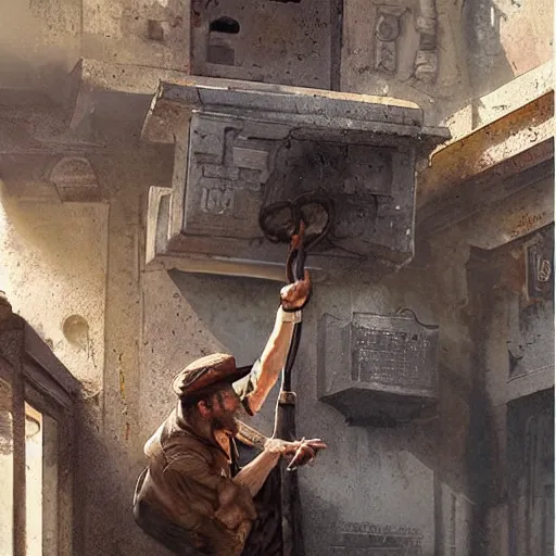 Image similar to indiana jones stealing a catalytic convertor, that is on a trapped pedastal, from inside a temple, painted by greg rutkowski