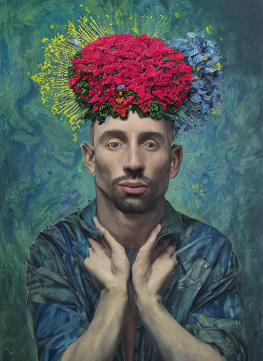 Image similar to a painting of a man with a strange hat on his head, a surrealist painting by Szymon Kot, behance contest winner, metaphysical painting, made of flowers, oil on canvas, detailed painting