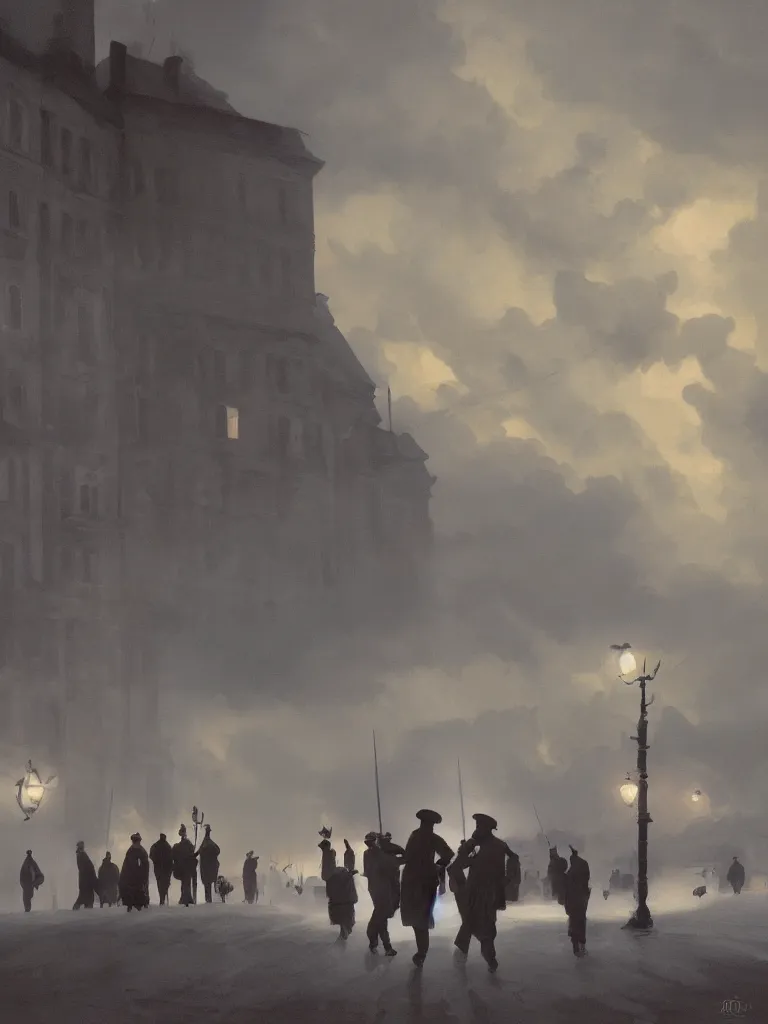 Image similar to russian revolution 1 9 1 0, ominous evening, after the storm, drama, by rozalski and kenton nelson, artstation