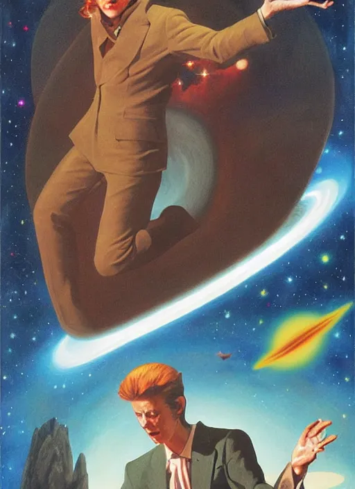 Image similar to david bowie floating through the cosmo outer space, twin peaks poster art, old retro pulp, by michael whelan, rossetti bouguereau, artgerm, nostalgic, old fashioned