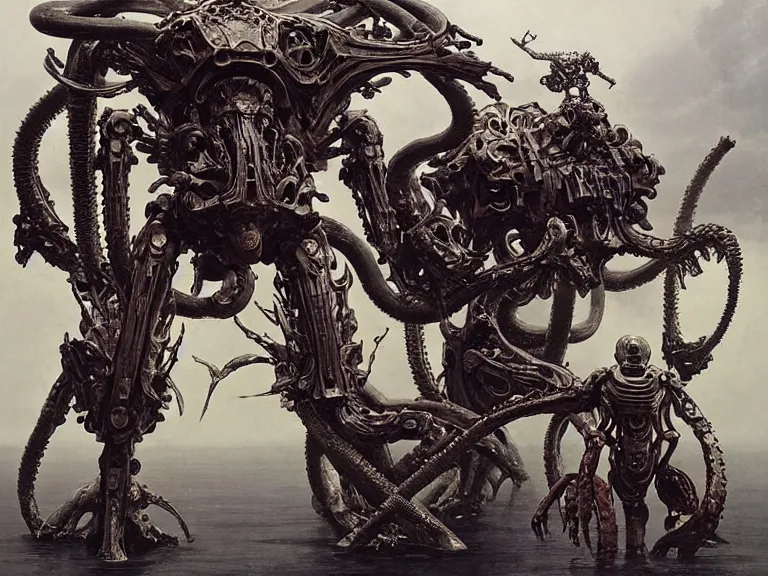 Image similar to still frame from Prometheus by Jakub Rozalski and utagawa kuniyoshi, infinite Hell Scape with gigantic mecha demon and ornate bone cyborgs by Wayne Barlowe by peter Mohrbacher by Giger, dressed by Alexander McQueen and by Neri Oxman, metal couture hate couture editorial