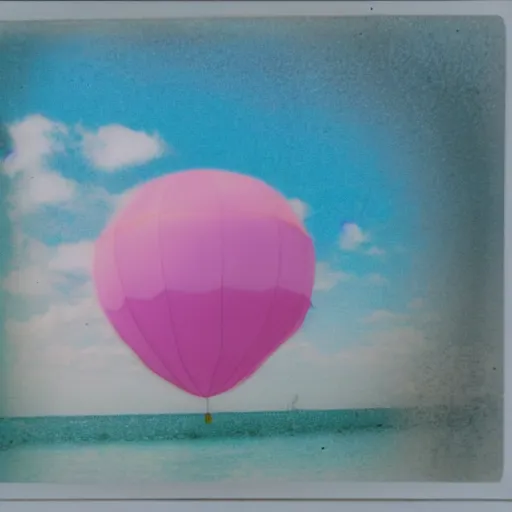 Image similar to a pastel colour Polaroid photo from a holiday album at a seaside abstract inflatable parachute object, all objects made of transparent iridescent Perspex no people, nostalgic