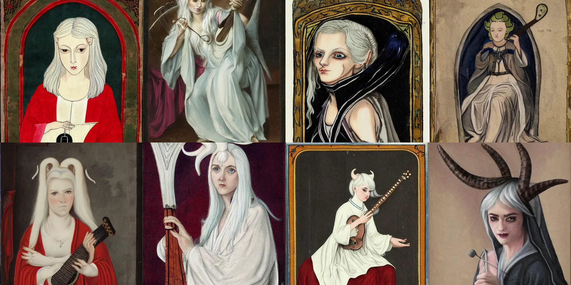 Prompt: A female changeling with white hair. They have two horns coming out of their forehead. She is wearing nice georgian robes, and is playing a lute.