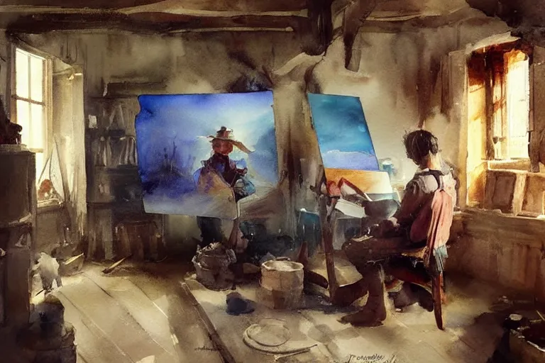 Image similar to paint brush strokes, abstract watercolor painting of medieval workbench, cloth, backlit western scene, art by hans dahl, by jesper ejsing, art by anders zorn, wonderful masterpiece by greg rutkowski, cinematic light, american romanticism by greg manchess, creation by tyler edlin