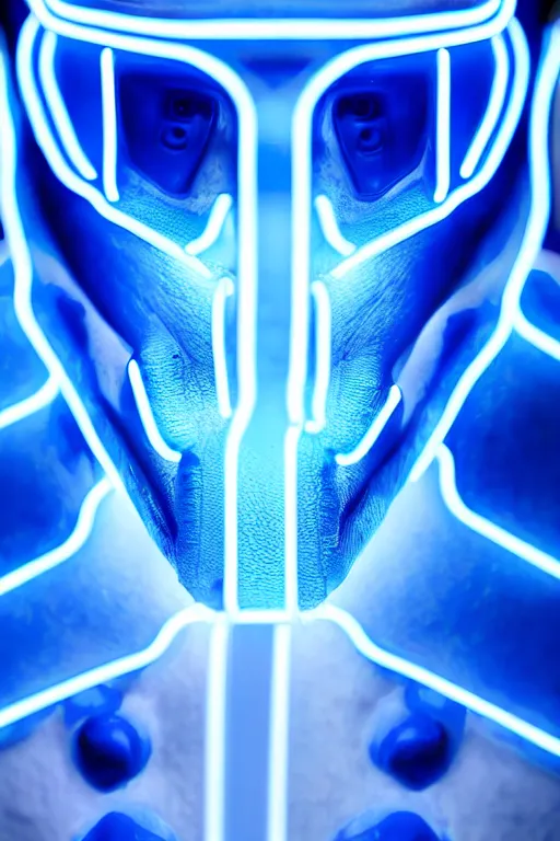 Image similar to hyperrealistic close-up blue neon exoskeleton!! chinese man covered highly detailed concept art eric zener elson peter cinematic side soft yellow light low angle hd 8k sharp shallow depth of field