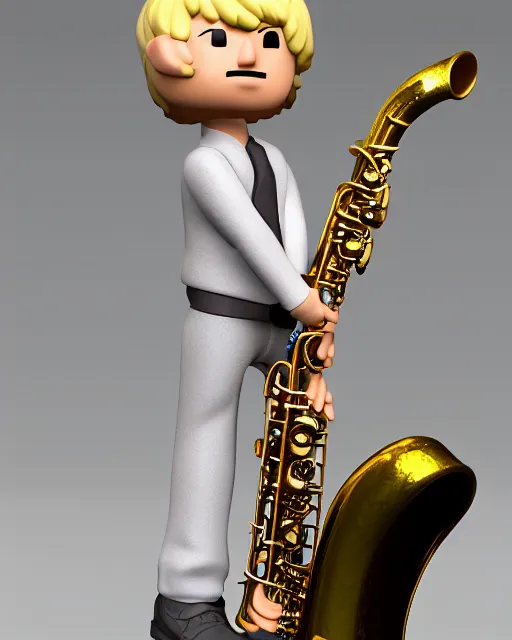 Image similar to full body 3d render of blond hippie man playing sax as a funko pop!, studio lighting, grey background, single body, no shadow, blender, trending on artstation, 8k, highly detailed