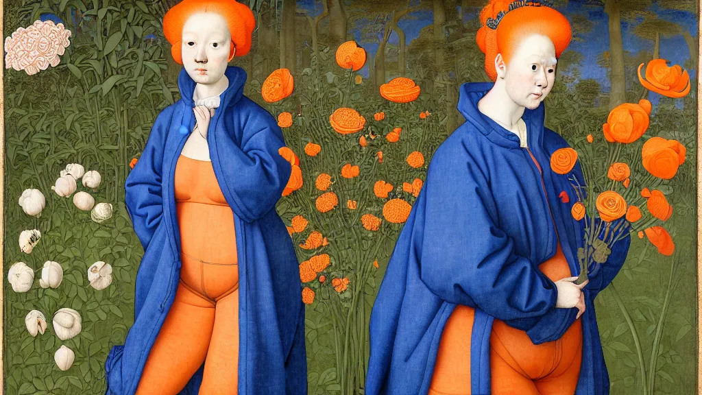 Image similar to portrait of a curvy woman with orange hair buns, wearing a blue raincoat and baggy jeans, standing in a garden full of plants and flowers, intricate details, high detail, in the style of rogier van der weyden and jacopo da pontormo, punk, asian art,