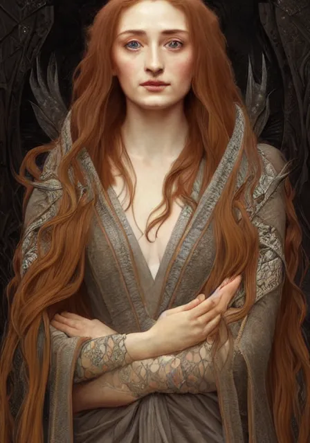 Image similar to portrait of sansa stark with long hair, intricate, elegant, highly detailed, digital painting, artstation, concept art, smooth, sharp focus, illustration, art by artgerm and greg rutkowski and alphonse mucha and william - adolphe bouguereau