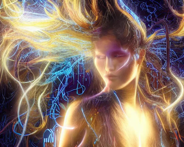 Image similar to glowing hair, complex cybernetic beings, beautiful hairy humanoids, cybermagnetosphere, cybernetic civilizations, ornate hair, love, joy, vortexes, large arrays, data holograms, 8 k, cinematic light shadows, wet hdr refractions, *, * * *, * * * * *