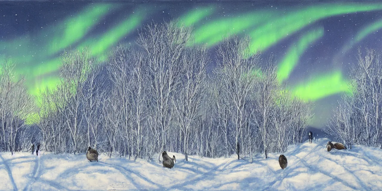 Prompt: laurentian appalachian mountains in winter, unique, original and creative landscape, surrealist painting, snowy night, distant town lights, aurora borealis, deers and ravens, footsteps in the snow, brilliant composition, fascinating textures