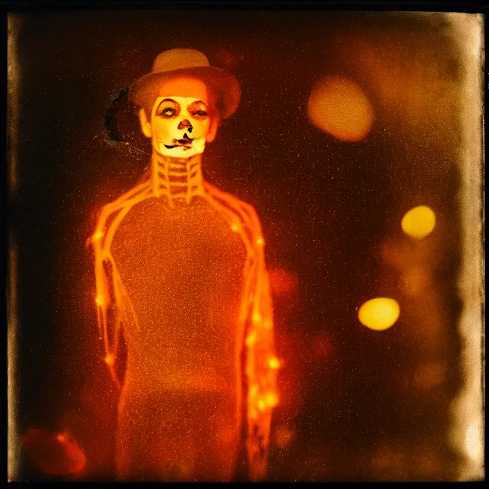 Image similar to kodak portra 4 0 0, wetplate, motion blur, portrait photo of a backdrop, michael jackson skelleton, golden 1 9 2 0 s, coloured in orange fire, sparkling, by georges melies and by britt marling, muted colours