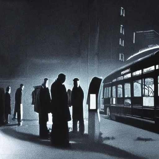 Prompt: some people waiting at bus stop in dark city night, detailed, high quality photography,a scene by Stanley kubrick, sci-fi, reimagined by industrial light and magic