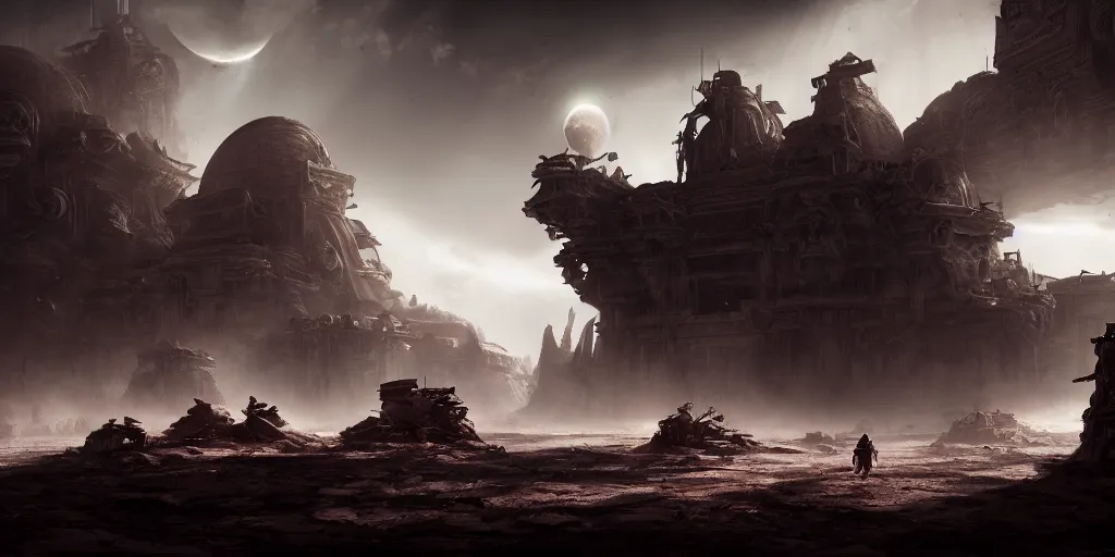Prompt: when a shadow is forced into the light, ancient temple on a alien planet with 3 moons, post apocalyptic machine war, dramatic, cinematic, high contrast, cgsociety, artstation, 4k