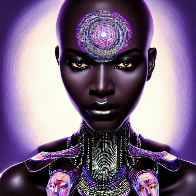 Image similar to african supermodel woman turning into an android portrait, dark surrealism, scifi, intricate, ornate, elegant, sharp eyebrows, platinum hair, highly detailed cybernetic body, neon glowing eyes, digital painting, artstation, concept art, smooth, sharp focus, illustration, art by artgerm and moebius and alphonse mucha