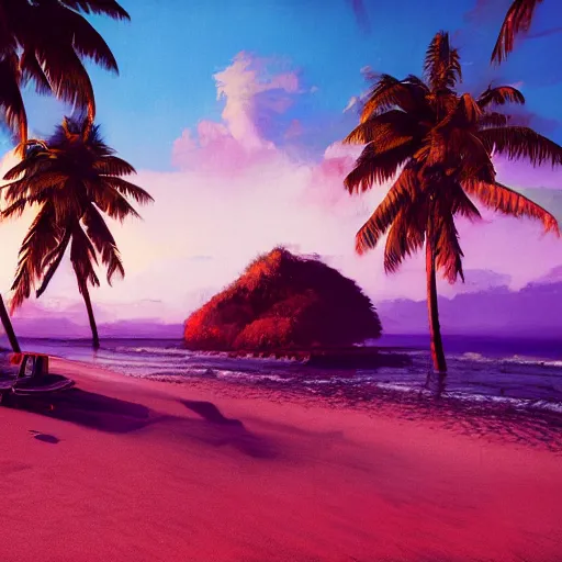 Prompt: a tropical beach at golden hour by james gilleard and liam wong and jeremy mann, extra wide angle