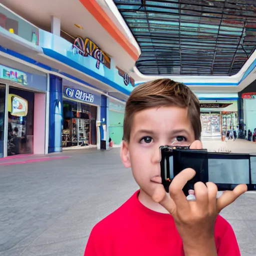 Prompt: a boy taking a photo at a parking lot mall