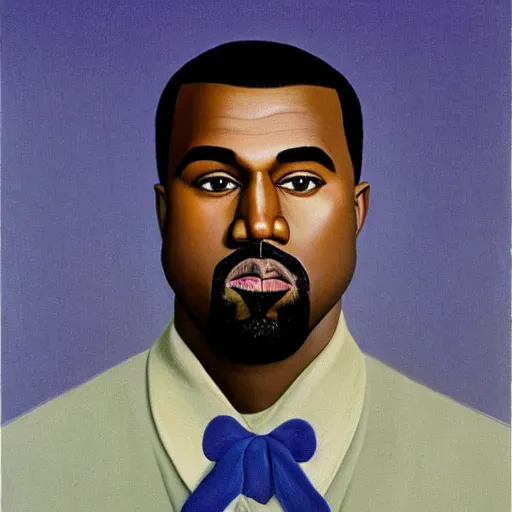 Image similar to beautiful portrait of kanye west smiling. painted by rene magritte, 1 9 2 7. oil on canvas.