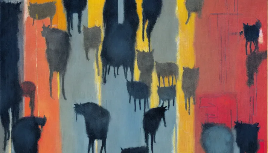 Image similar to contemporary semi abstract acrylic painting of really tall cats by rothko, by greg rutkowski, kessler art, thick brush strokes and visible paint layers, multicolor color scheme