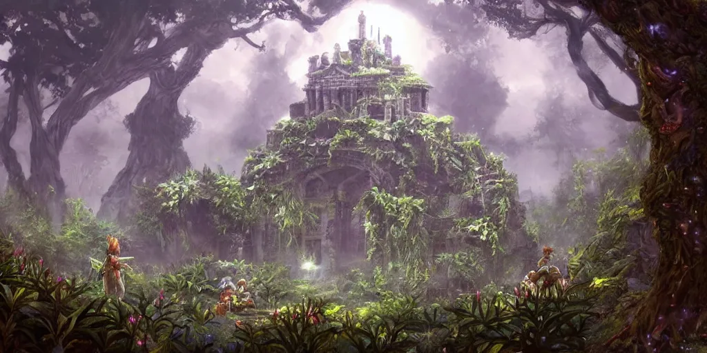 Prompt: ancient magical overgrown ruins, mysetrious etherial mesmerizing atmosphere, beautiful lighting, childhood wonder and nostalgia, extremely intricate, hyper detailed, hd, legend of zelda, masterpiece