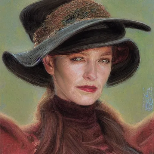 Prompt: portrait of a woman with little horns that peek out of her hat, by donato giancola.