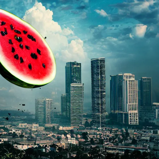 Prompt: an big watermelon falling from the sky crush the high building cause big destruction, cinematic, movie still , Holywood quality, end of the world, impactful ambient