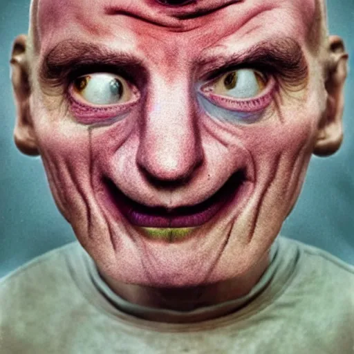 Image similar to color photo of weirdo, shaved eyebrows, thin lips, jimmy durante nose, pale skin, suffering from neurofibromatosis, realistic, high detail, high quality, jerry uelsmann, trending on pinterest