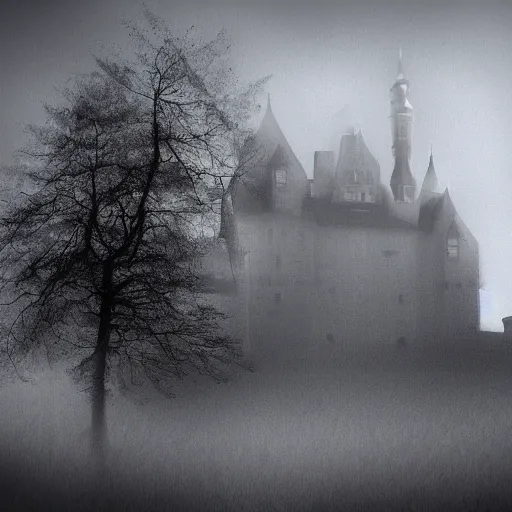 Prompt: a haunted castle barely visible through the fog, digital art, scary