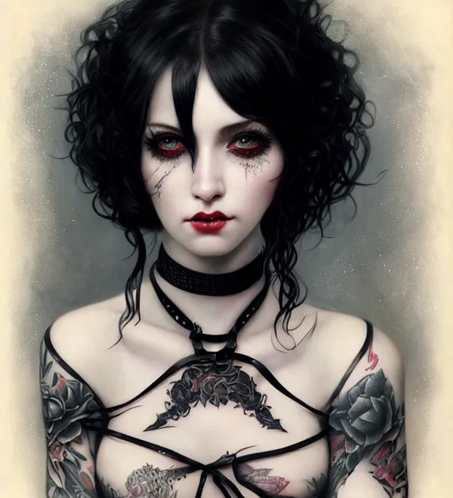 Image similar to two beautiful pale skin white eyed cosplay girls, black hair, fully tattooed body, fishnet corset with choker and whip on hand, symmetrical, beautiful detailed face, masterpiece, artstation contest winner, trending artgerm, paint by tom bagshaw