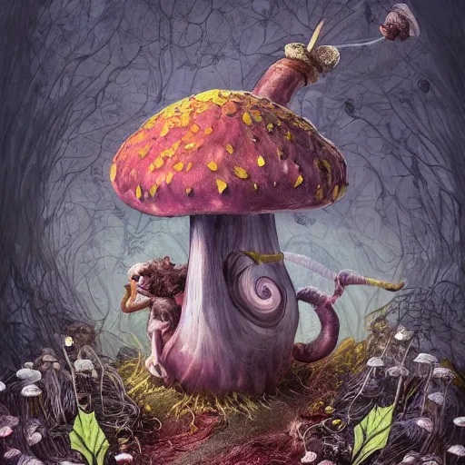 Image similar to Hell and heaven, captured in bottles, an elderly mushroom walking their pet snail, The Autumn Plague Gardener, the theme of Alice in Wonderland, digital painting, its softness partakes of fluidity, illustration, deep dark, artstation, intricate, biodiversity in a world of change and constancy, ue5, by deiv calviz and bossmonsterbani