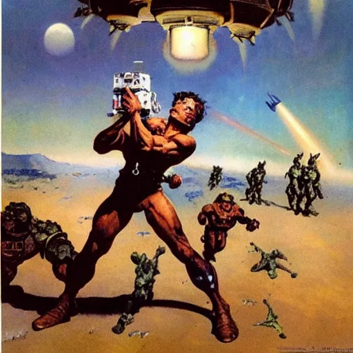 Prompt: visitors from outer space attack earth, the great fight, by Frank Frazetta