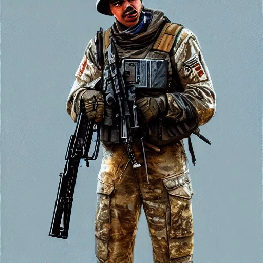 Prompt: a painting of a character fighting in the gulf war holding a Gun by Shinji Aramaki, high detail, hyperrealistic, concept art, artstation, 8k,