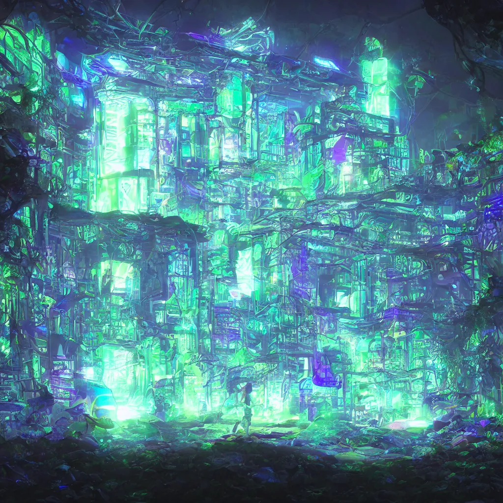 Image similar to bioremediation cyberpunk prism at night, bioluminescent, iridescent aura