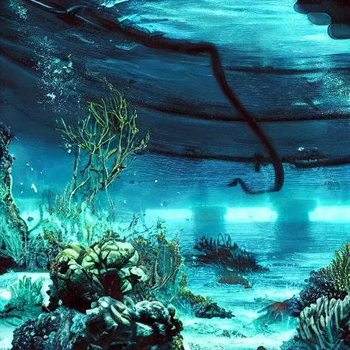 Image similar to underwater view of a strange alien world, some washed out red and green plant life, sci-fi underwater base, deep blue sea color, artstation